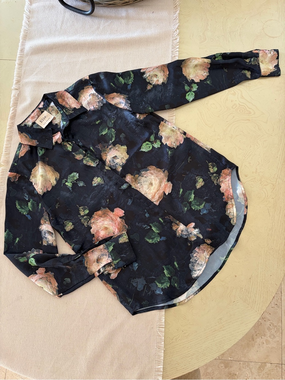 Elie Tahari Black Floral Button-Front Blouse Cream Pink Roses Womens Size XS